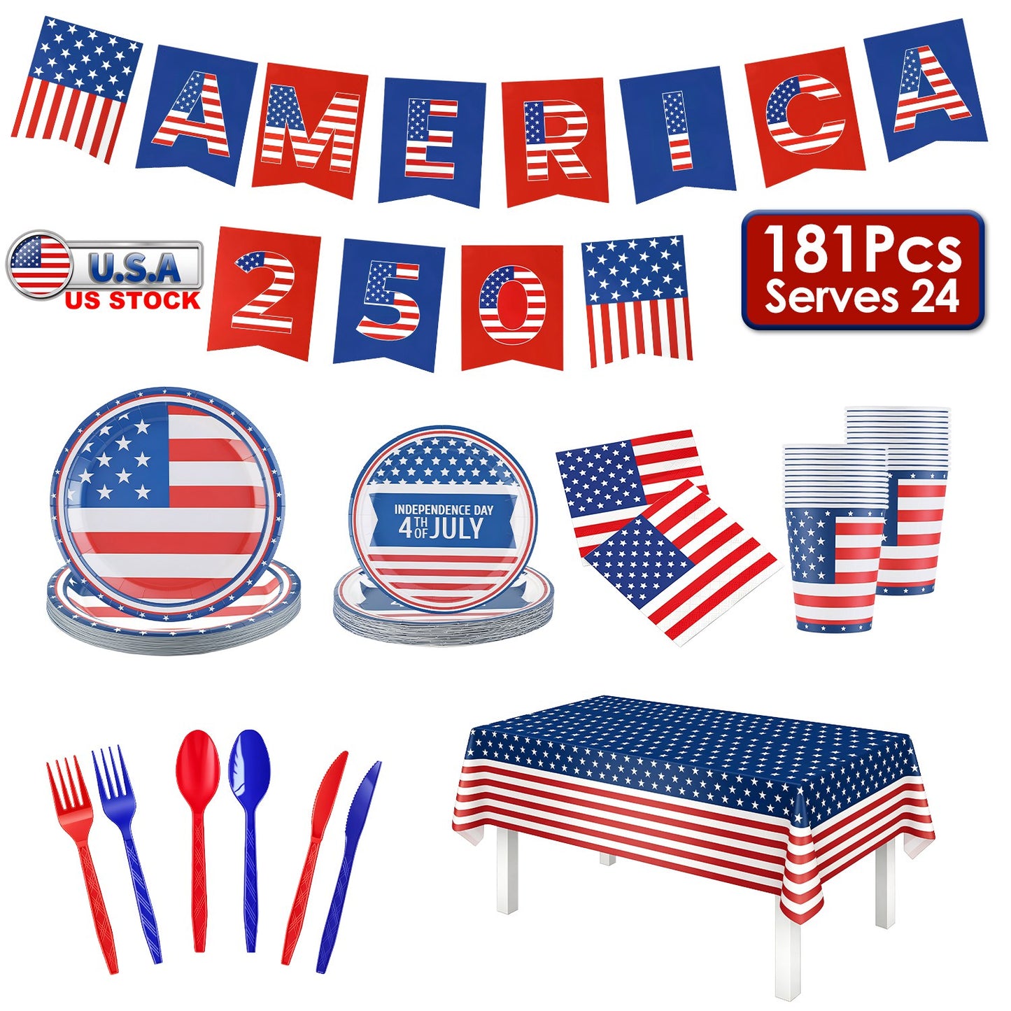181Pcs Independence Day Party Supplies Set for 24 Guests