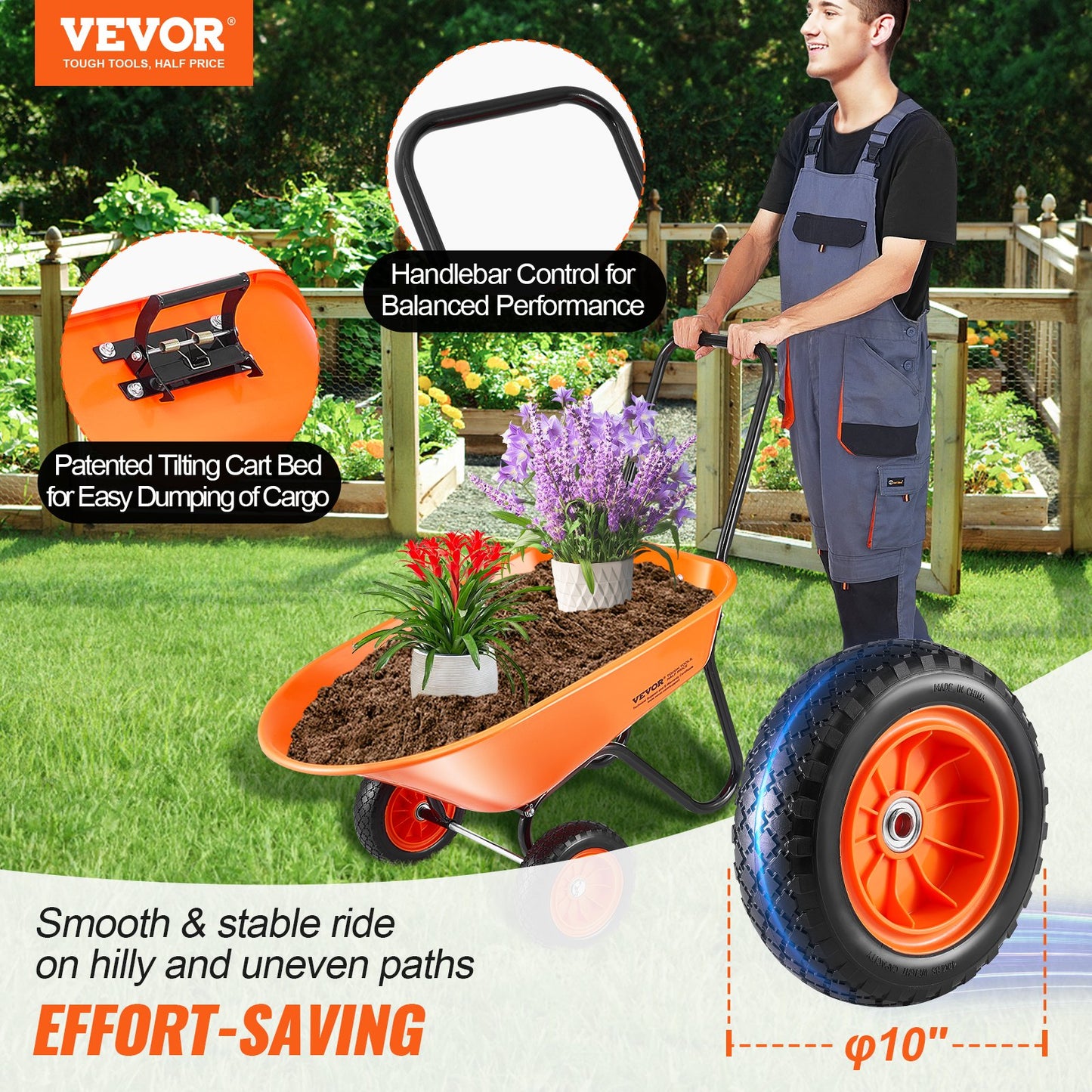 Heavy-Duty 5 Cu. Ft. Garden Wheelbarrow Cart with 2 Wide Track Wheels