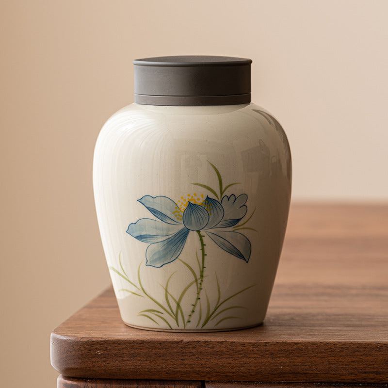 Ceramic Blue Lotus Tea Jar Sealed Storage Container - Hand Drawn Design