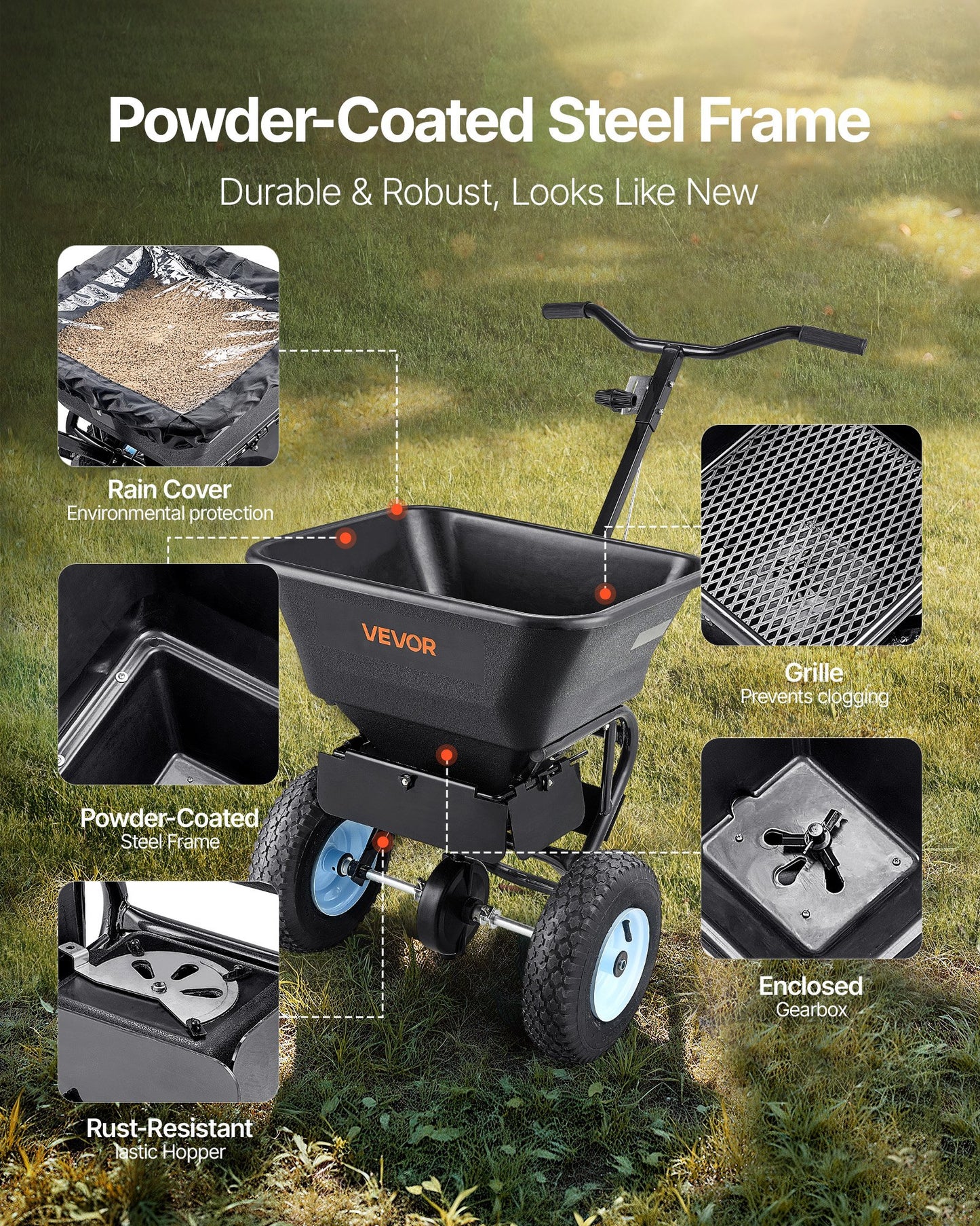 Garden Lawn Spreader 100LBS Capacity Walk-Behind Fertilizer & Seed Dispenser
