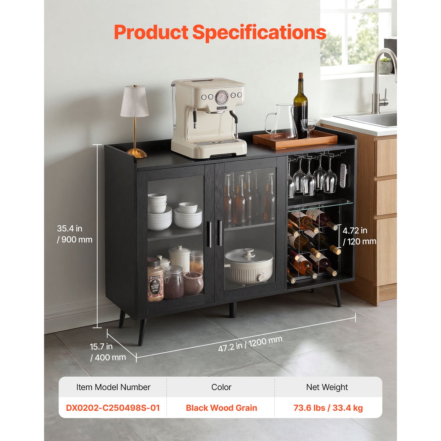 Wine Cabinet with 9 Bottle Racks & Glass Holder - Modern Buffet Sideboard, Black Wood Grain