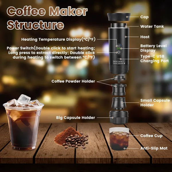 Portable 3-in-1 Espresso Machine Cordless Self-Heating Coffee Maker with 7500mAh Battery - Black