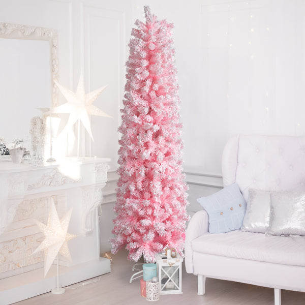 7.5 FT Snow Flocked Artificial Pencil Christmas Tree - Pink