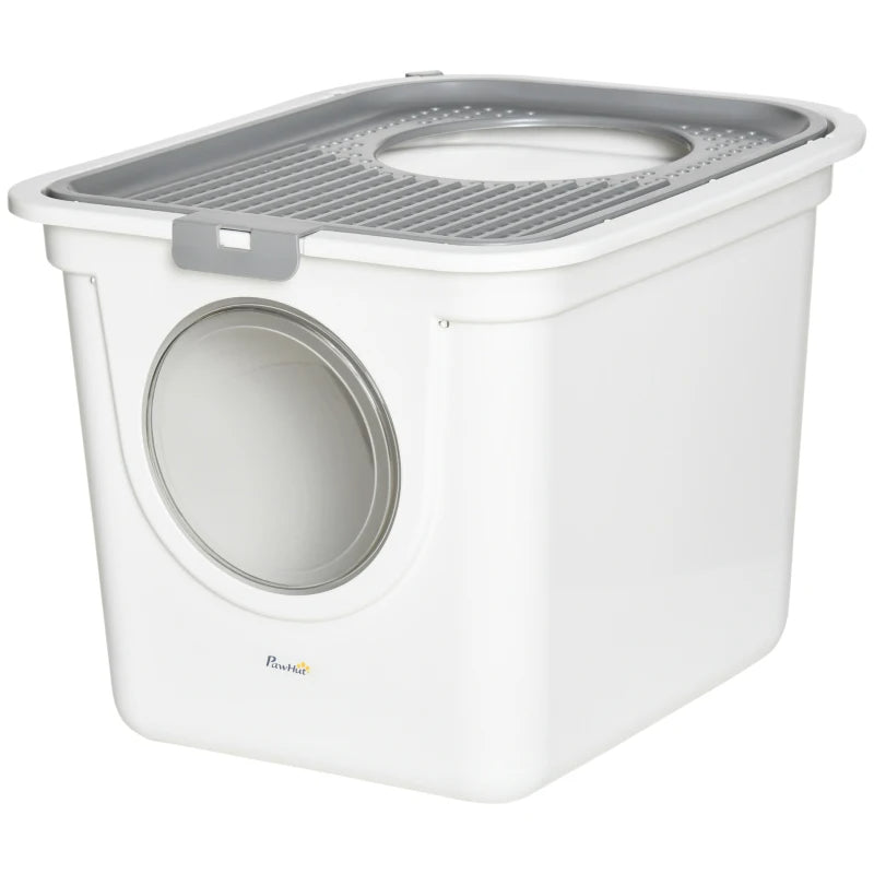 Covered Cat Litter Box with Front Entrance and Top Exit - Odor Control, Scoop, White