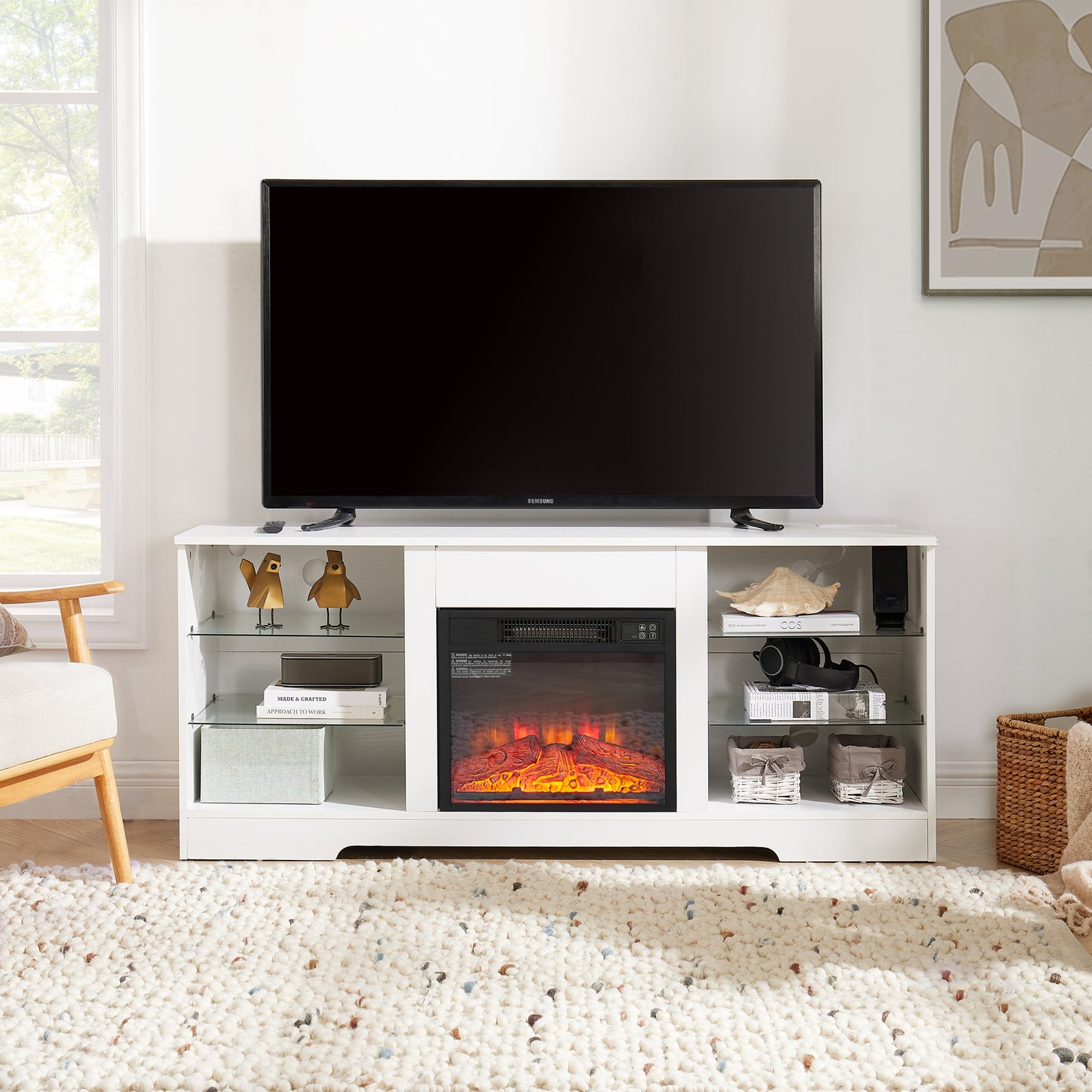 Electric Fireplace TV Stand with Glass Shelves & LED Lights - White