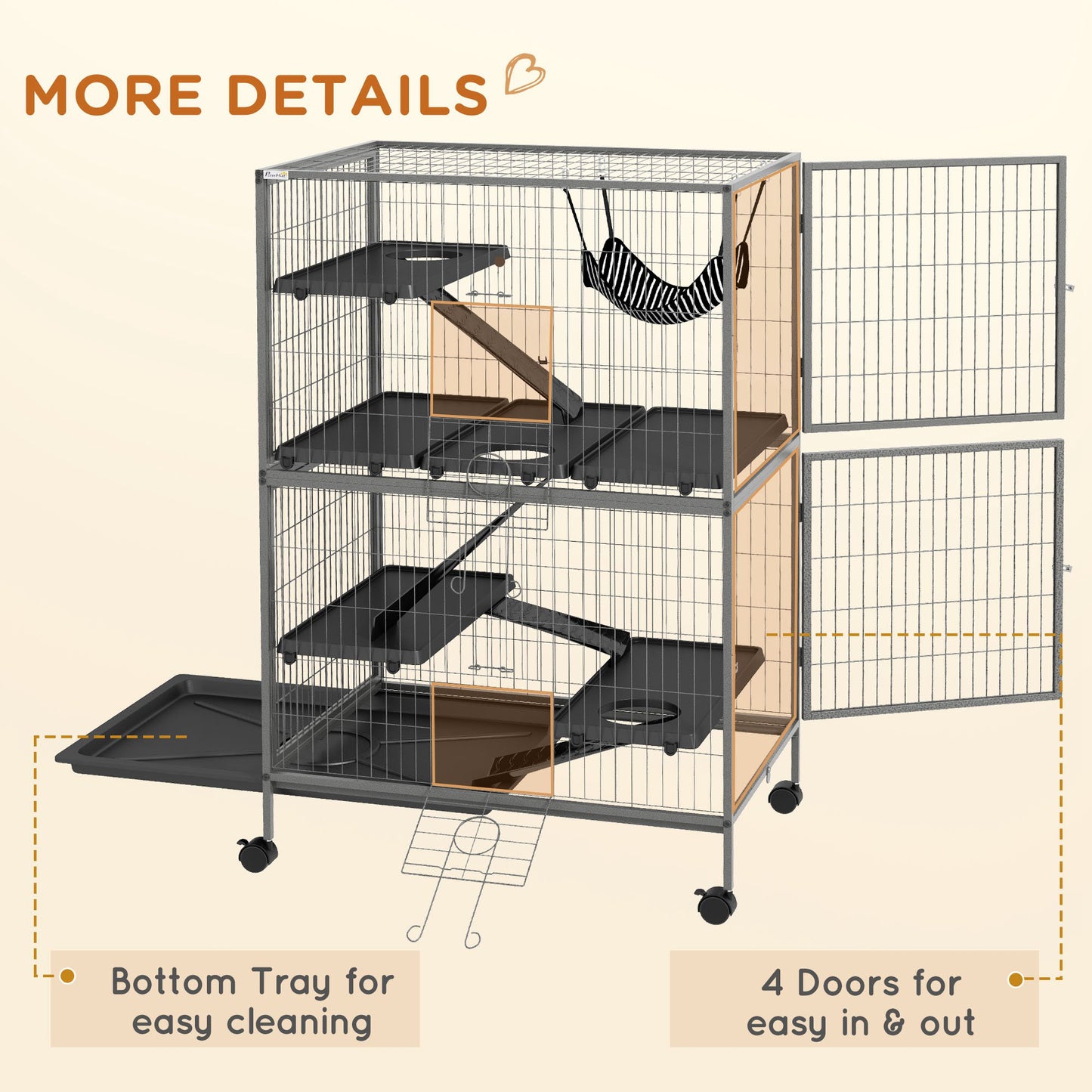 50-Inch Rolling Small Animal Cage with Hammock, Removable Tray for Ferrets & Chinchillas - Gray