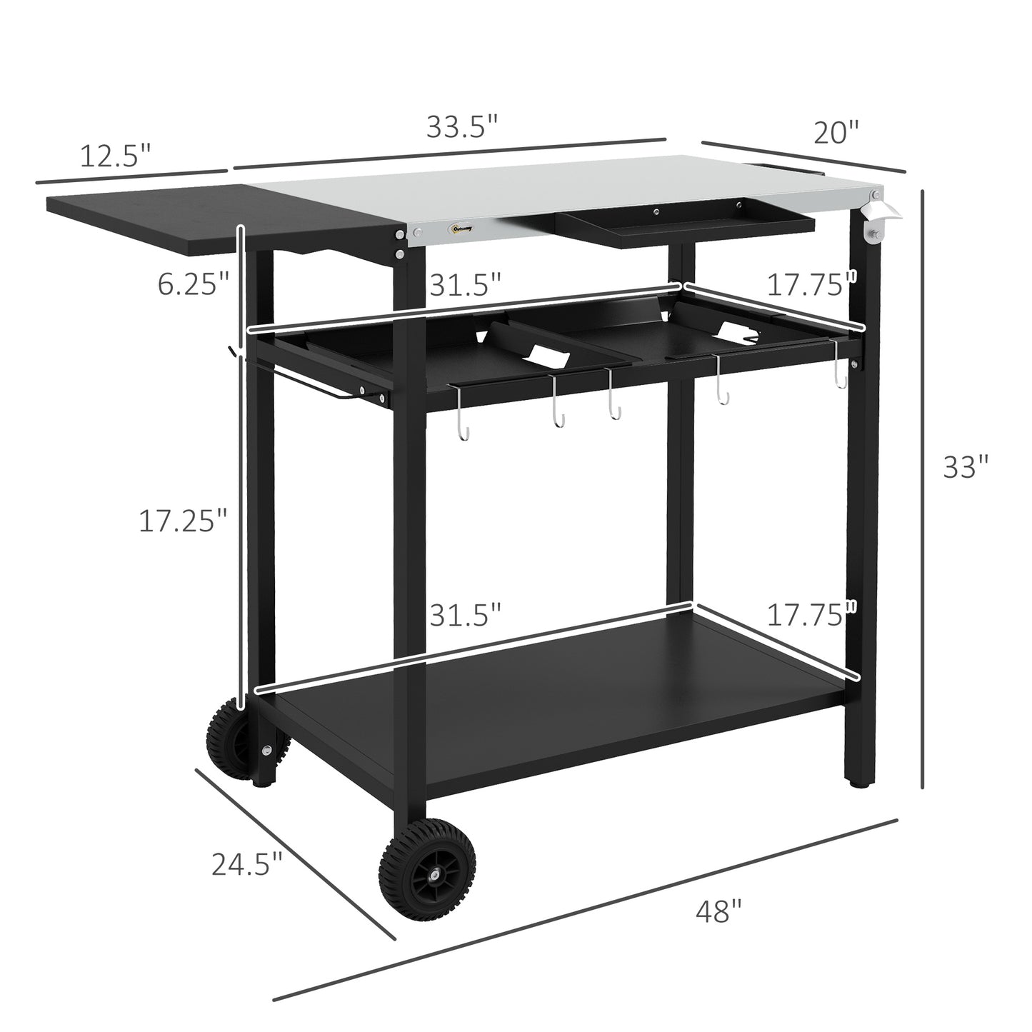 2-Tier Outdoor Bar Cart with Stainless Steel Top - Black