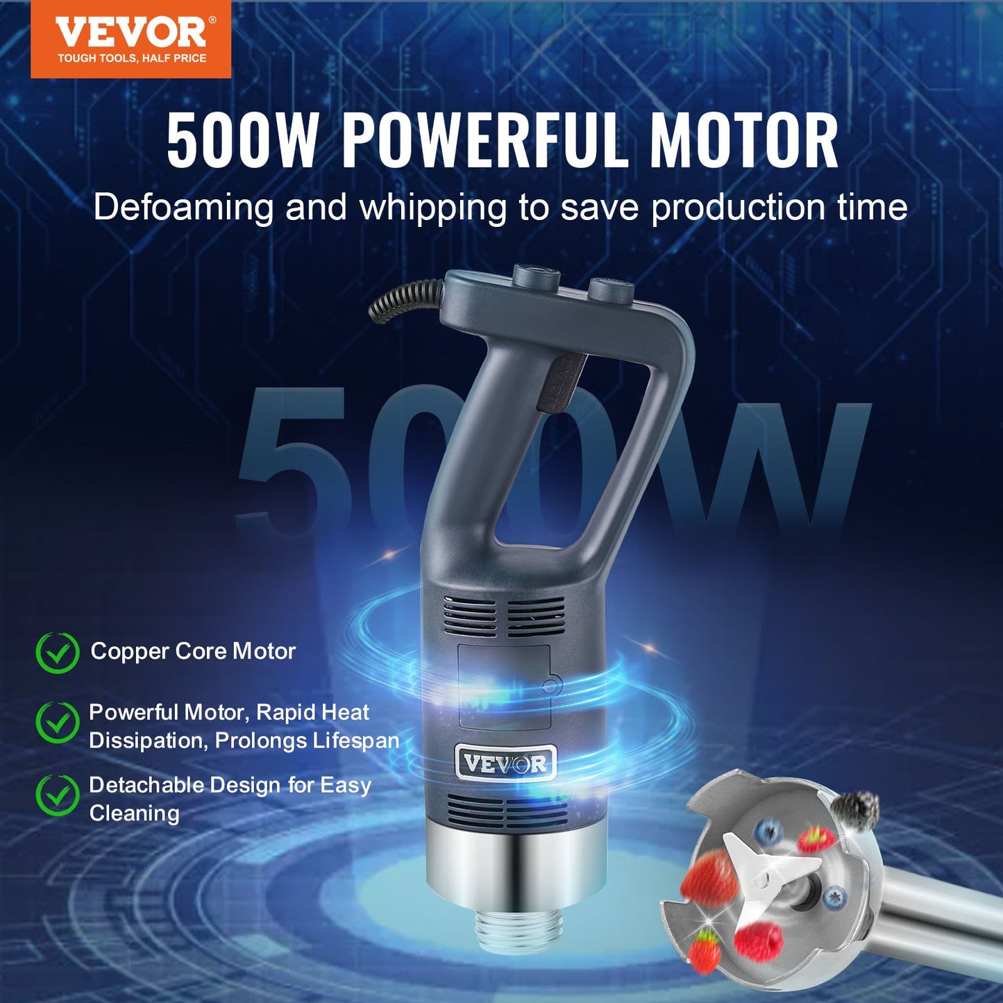 Commercial 500W Hand Blender for Soup and Sauces - Blue