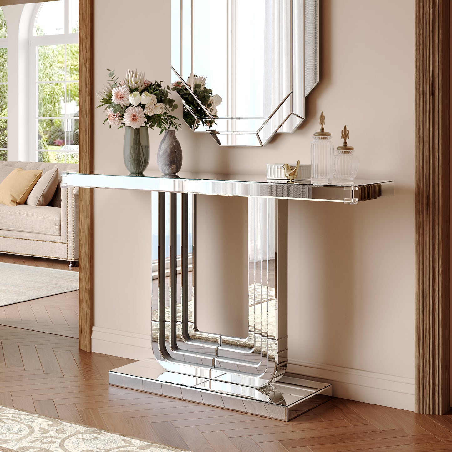 Silver Mirrored Console Table with U Base - 47 Inch