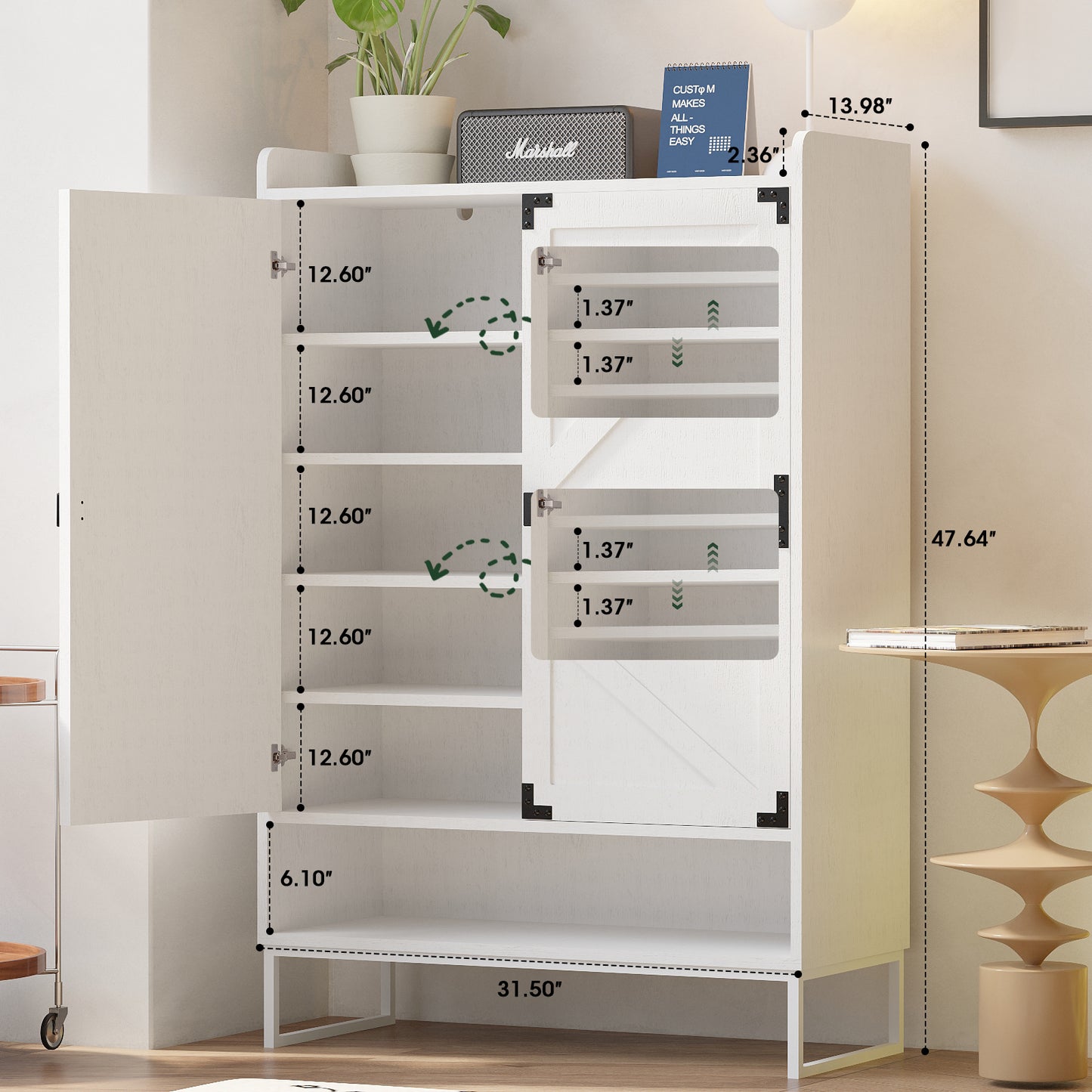 6-Tier Shoe Storage Cabinet with Doors - White Wooden Organizer
