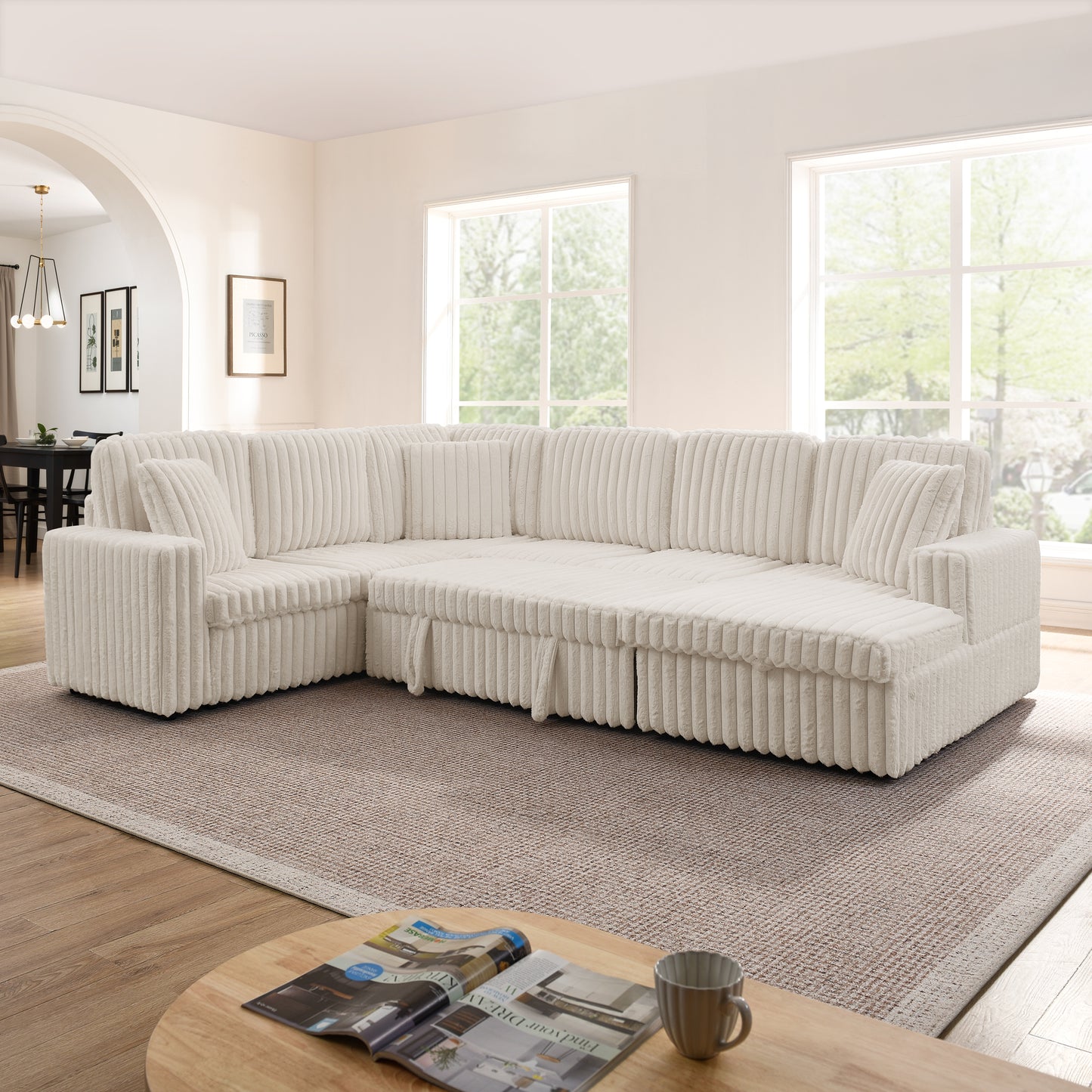 Modern Minimalist Corduroy Striped U-Shaped Sofa Bed - Beige