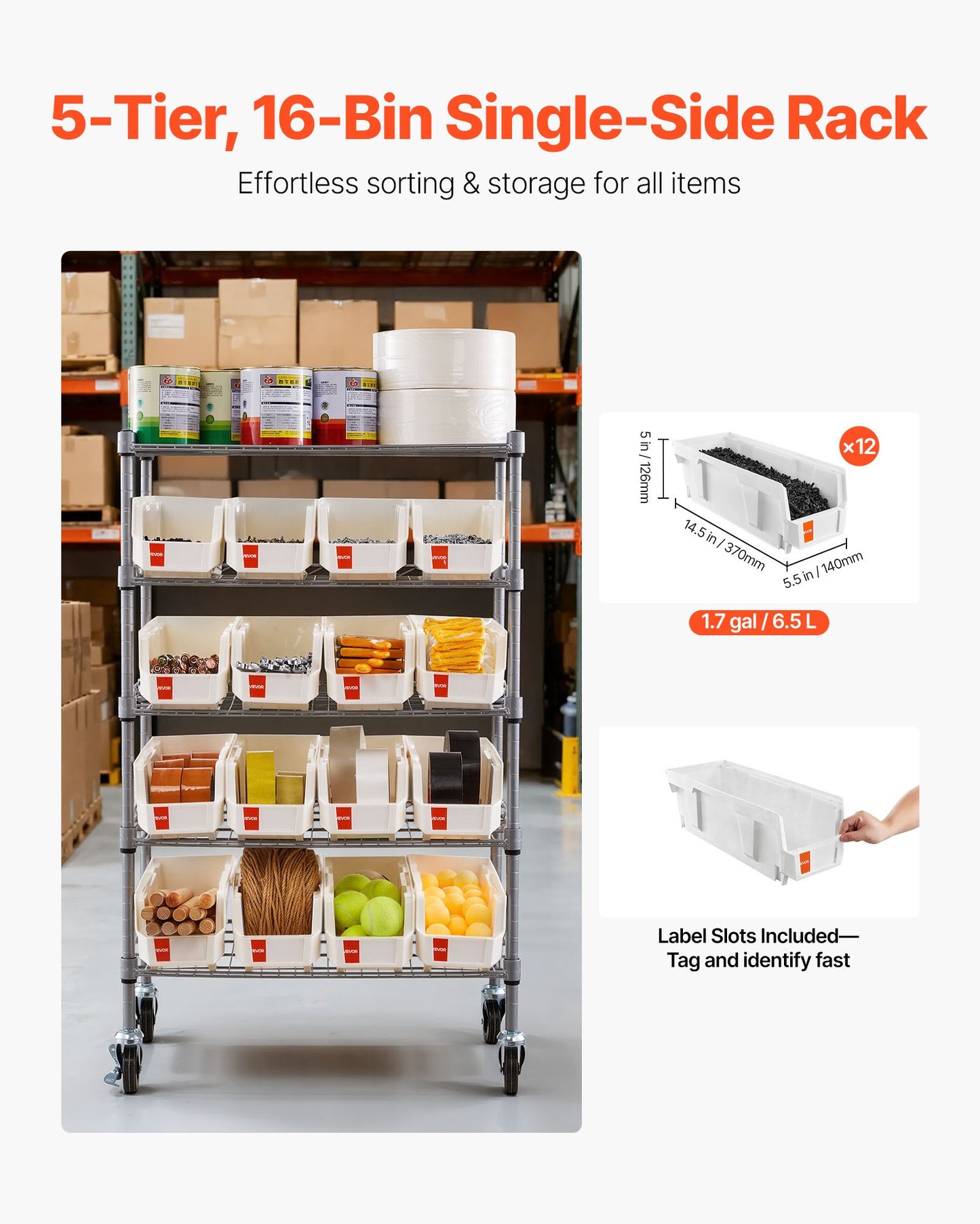 5-Tier Rolling Storage Rack with 16 Bins - Mobile Steel Shelving System for Garage and Workshop