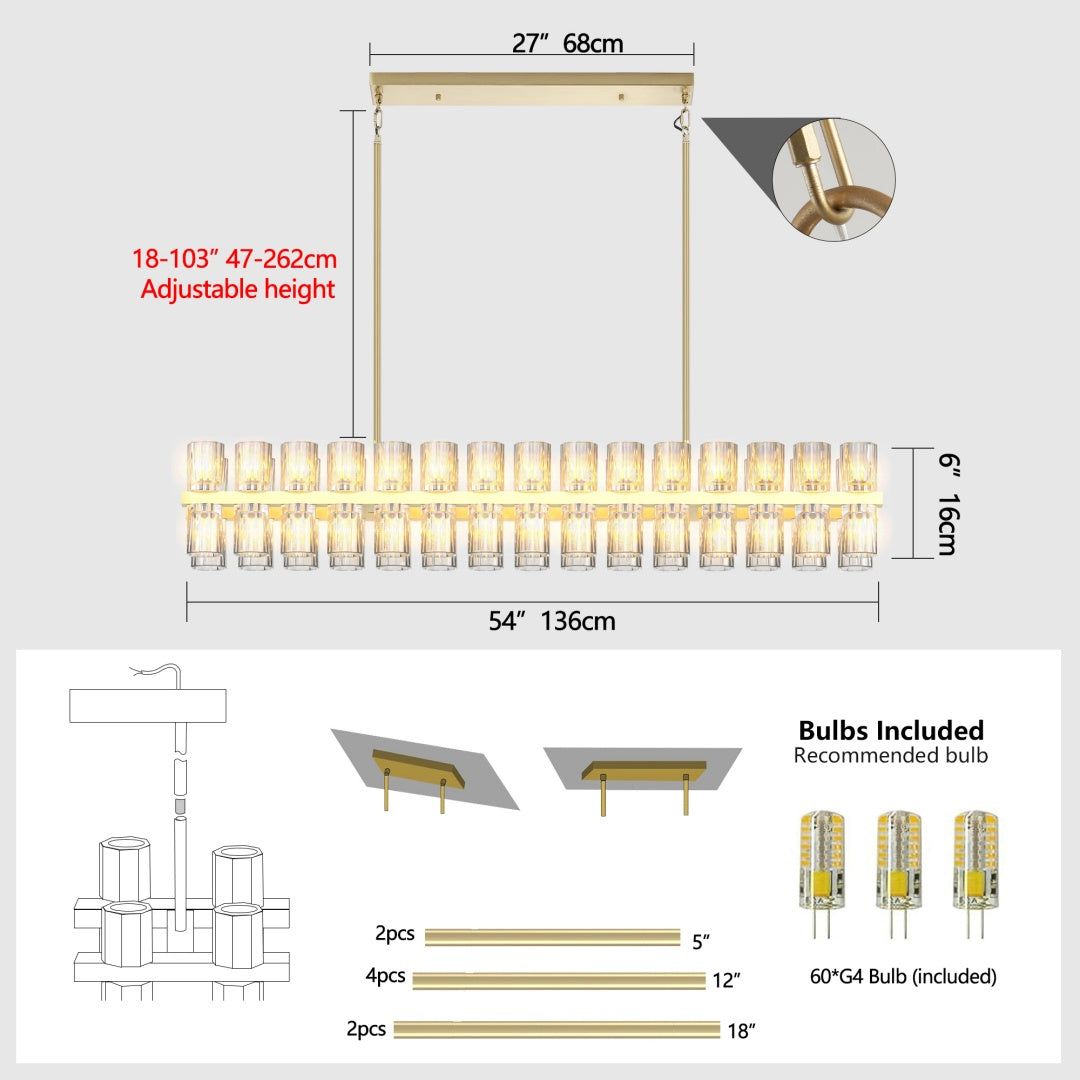 54-Inch Modern Crystal Chandelier for Dining Room - Gold