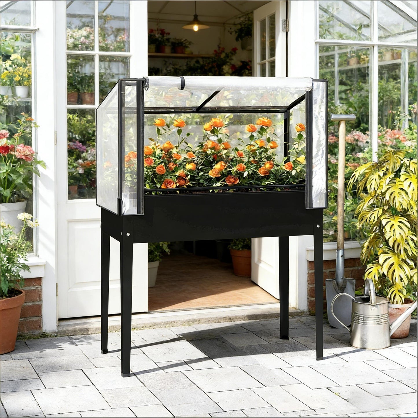 Elevated Raised Garden Bed with Mini Greenhouse - Black