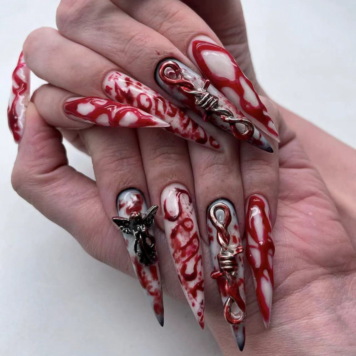 Extra Long Teardrop Press-On Nails - 3D Blood Angel Gothic Nail Art Set
