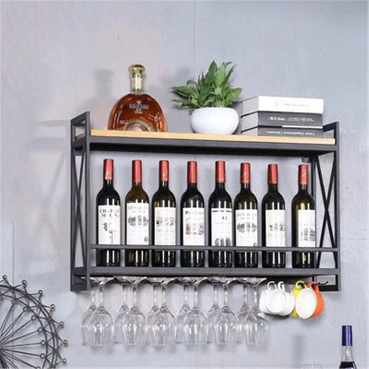Solid Wood Wall-Mounted Wine Rack - Black, 60x20x53cm Home Storage