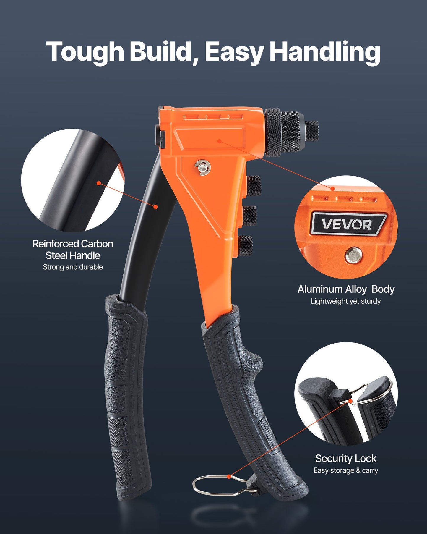 Heavy Duty Rivet Gun Kit with 200 Blind Rivets and Carrying Case - Manual Metal Riveter for Automotive and Home Use