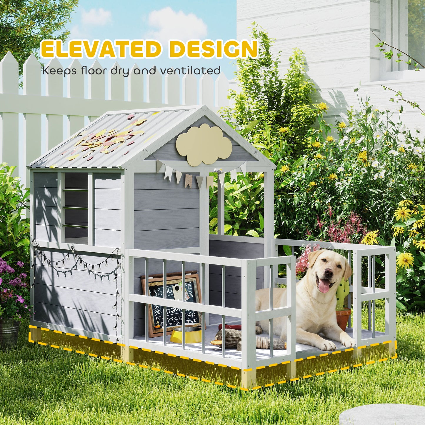 Large Wooden Outdoor Dog House with Porch & Weatherproof Roof - Gray