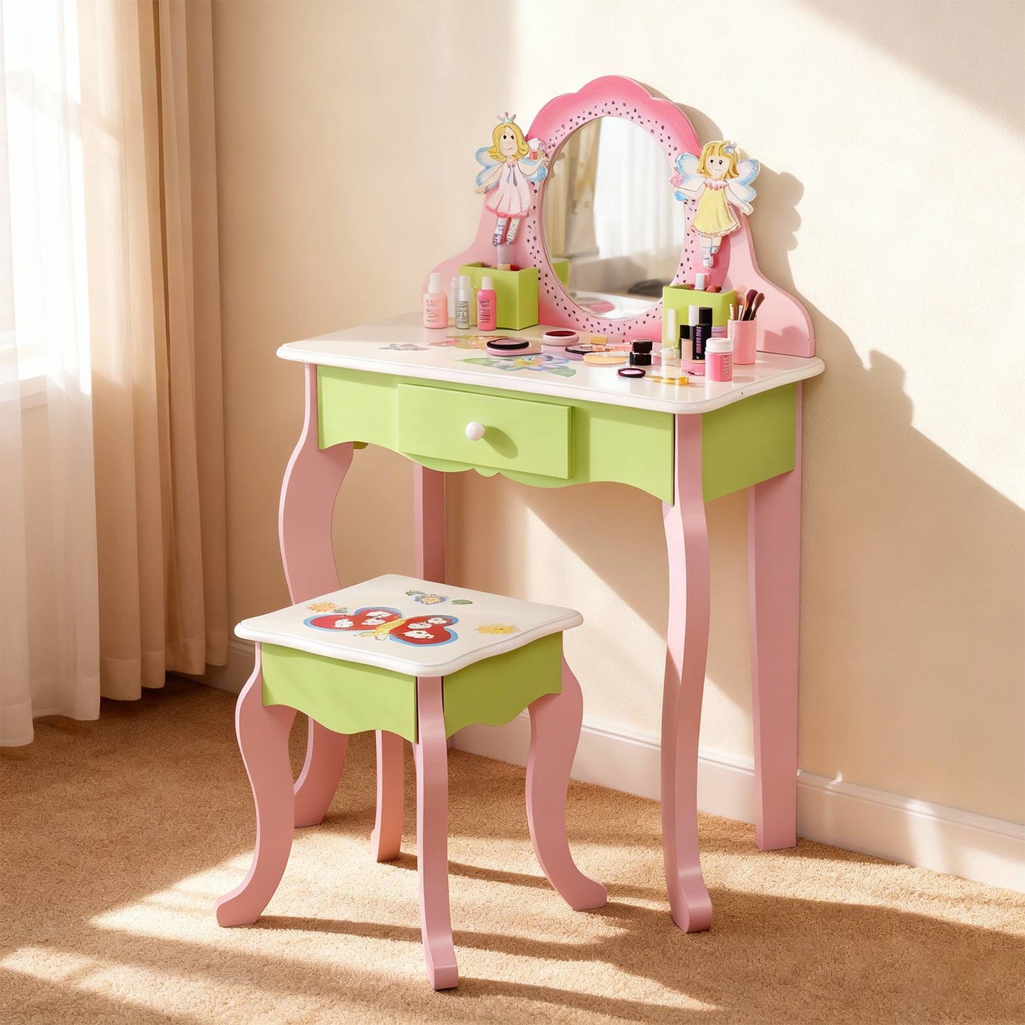 Kids Vanity Set With Mirror Drawer Flower Fairy Design Wooden Toddler
