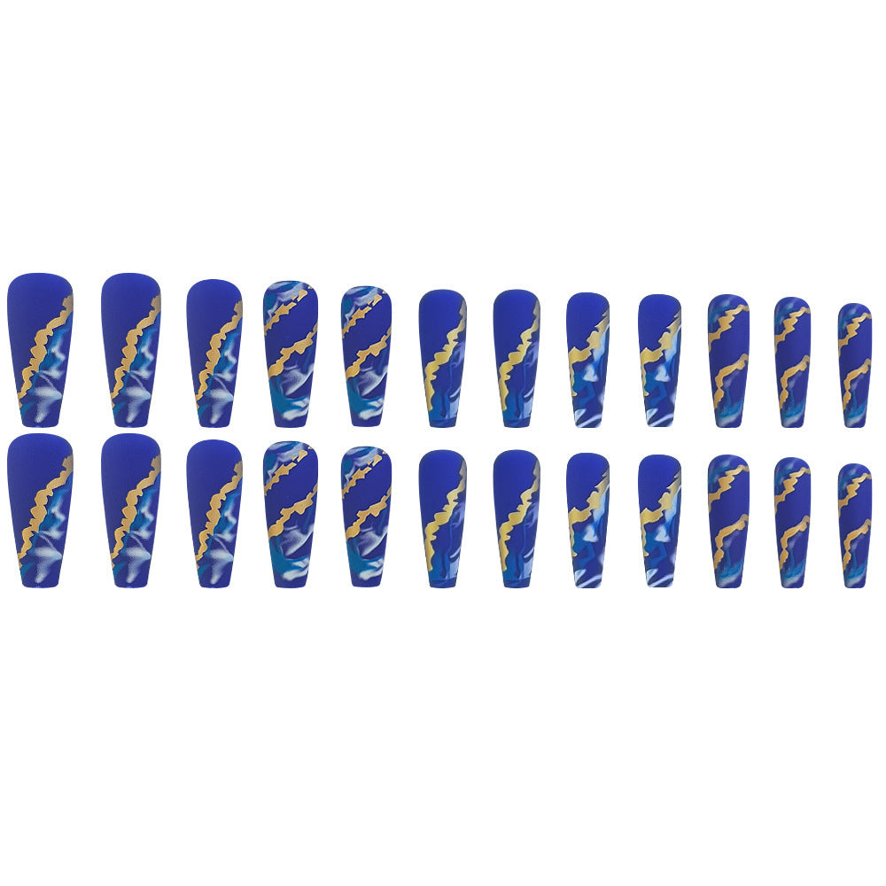 Blue Flame Marbling Fake Nail Patches with Glue - Starry Sky Design