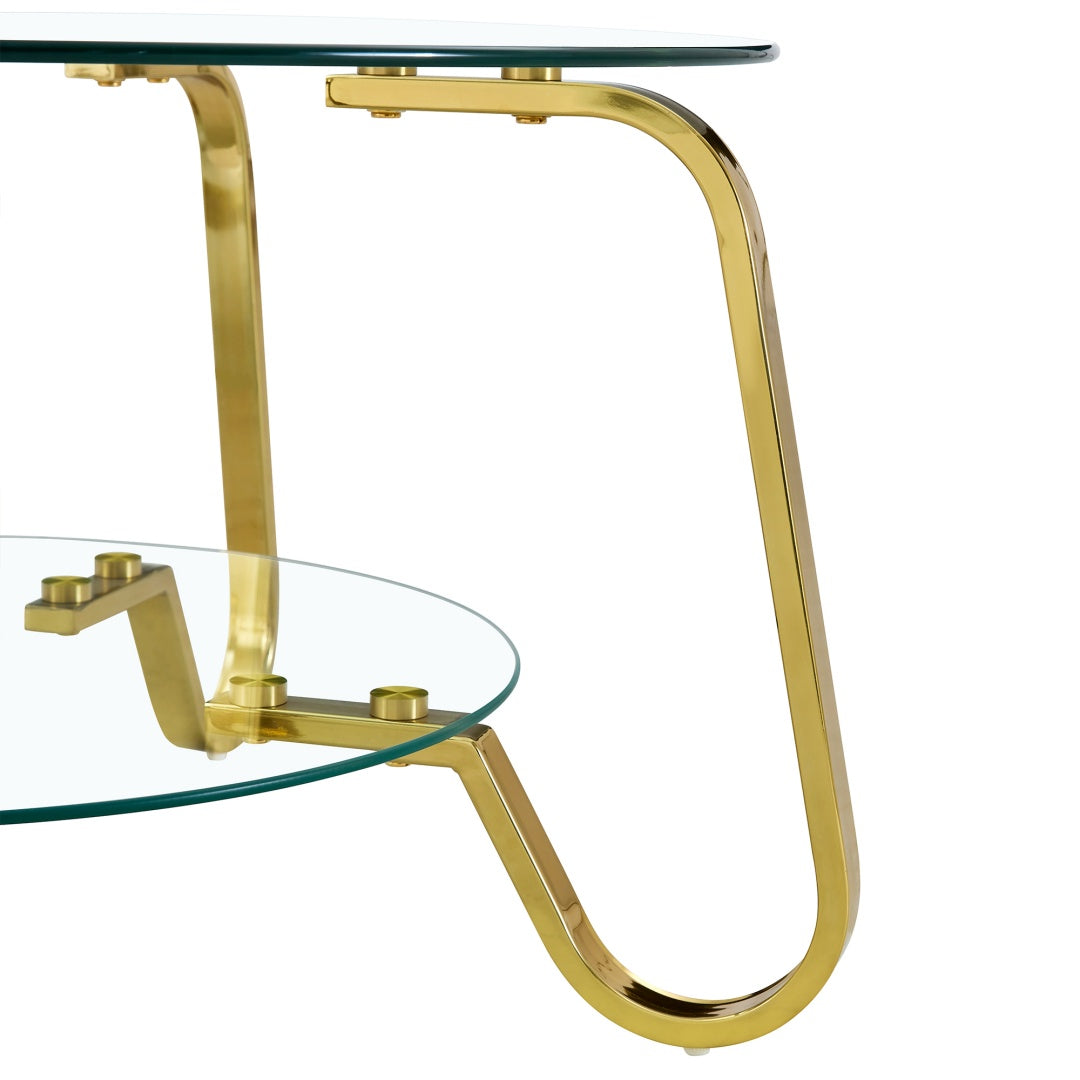 Retro Gold Metal Frame Double-Layer Glass Coffee Table - 31.5"