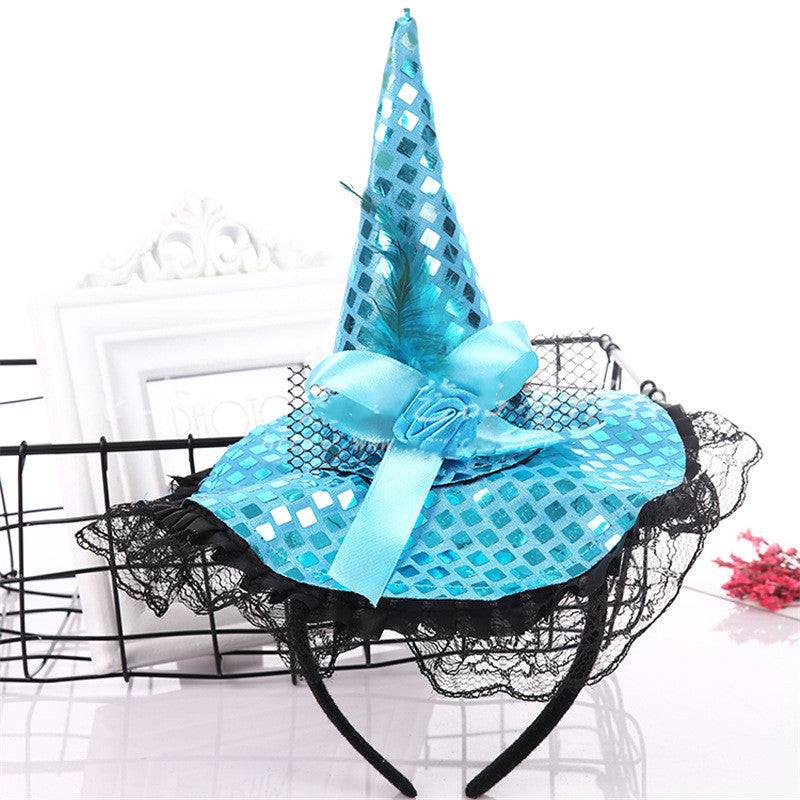 Masquerade Witch Hat Headband with Sequins & Lace