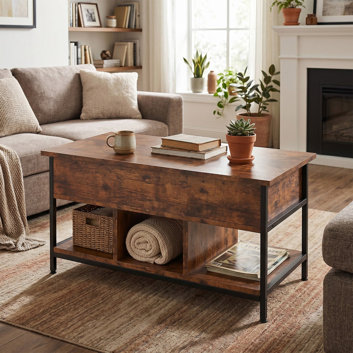 Lift Top Coffee Table with Hidden Storage - Retro Design
