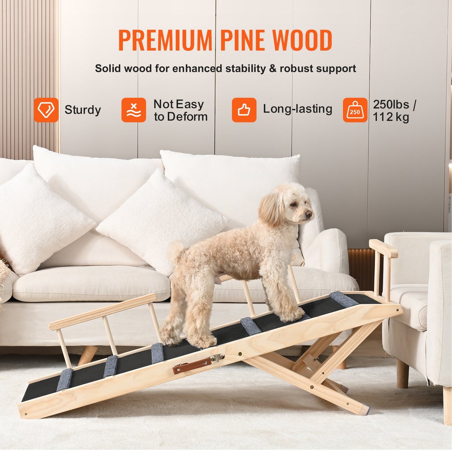 Adjustable Wooden Dog Ramp for Bed Couch Car - Non-Slip Pet Steps