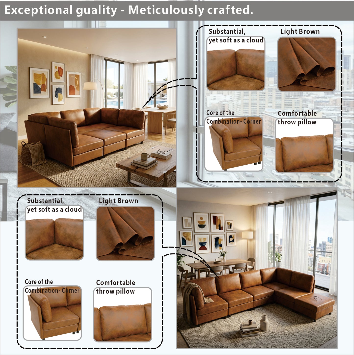 Light Brown Modular Corner Sofa - Freely Configurable Design