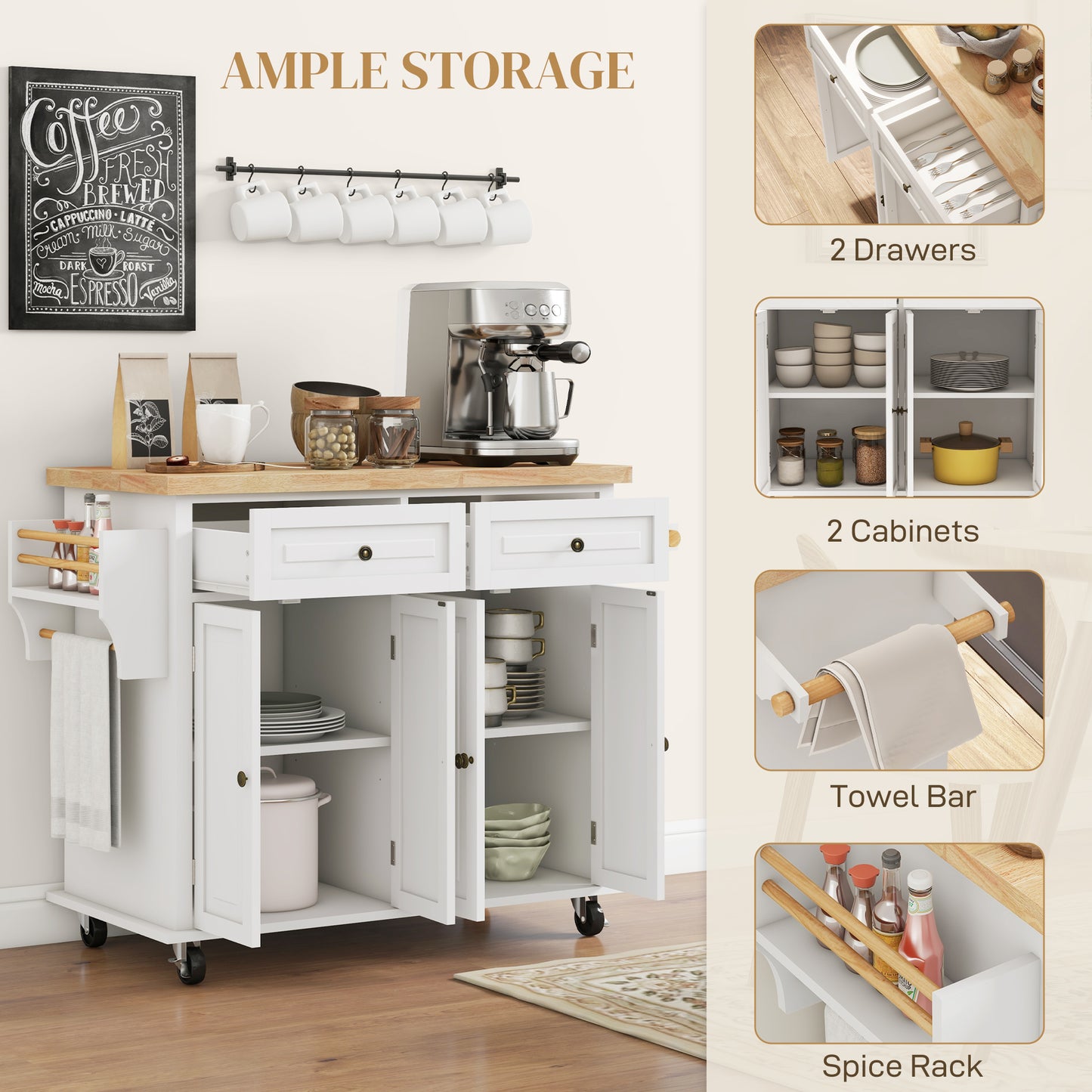 Rolling Kitchen Island Cart with Rubberwood Top & Storage - Cream White