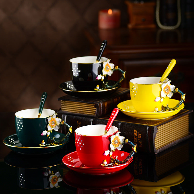 Enamel Coffee Cup and Saucer Set - Ceramic Drinkware Kitchen Decor