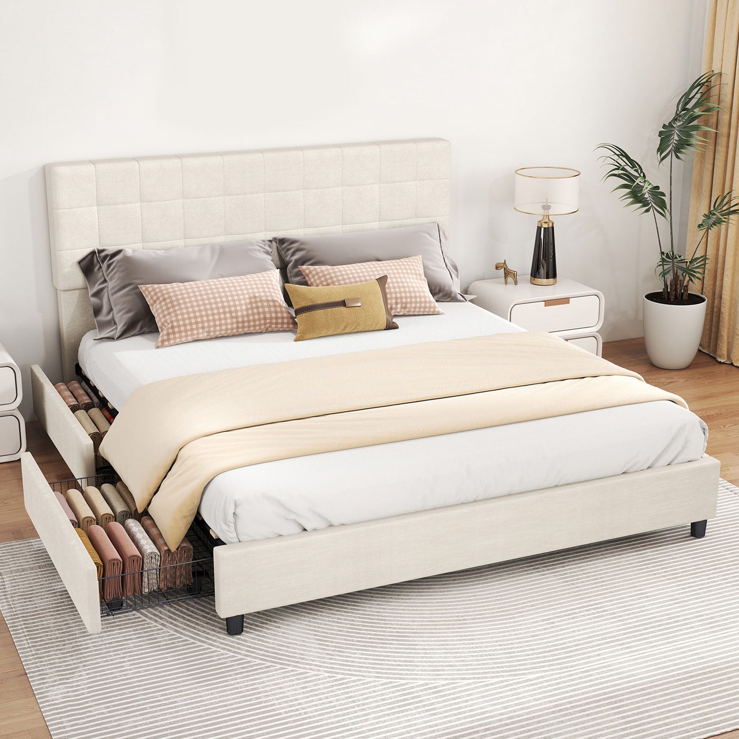 Modern Upholstered Bed Frame with Storage Drawers - No Box Spring Needed