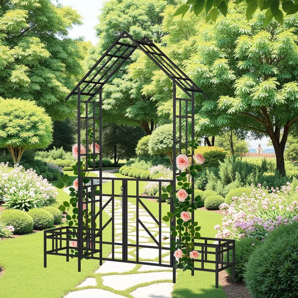 Metal Garden Arch with Gate and Planter - Black