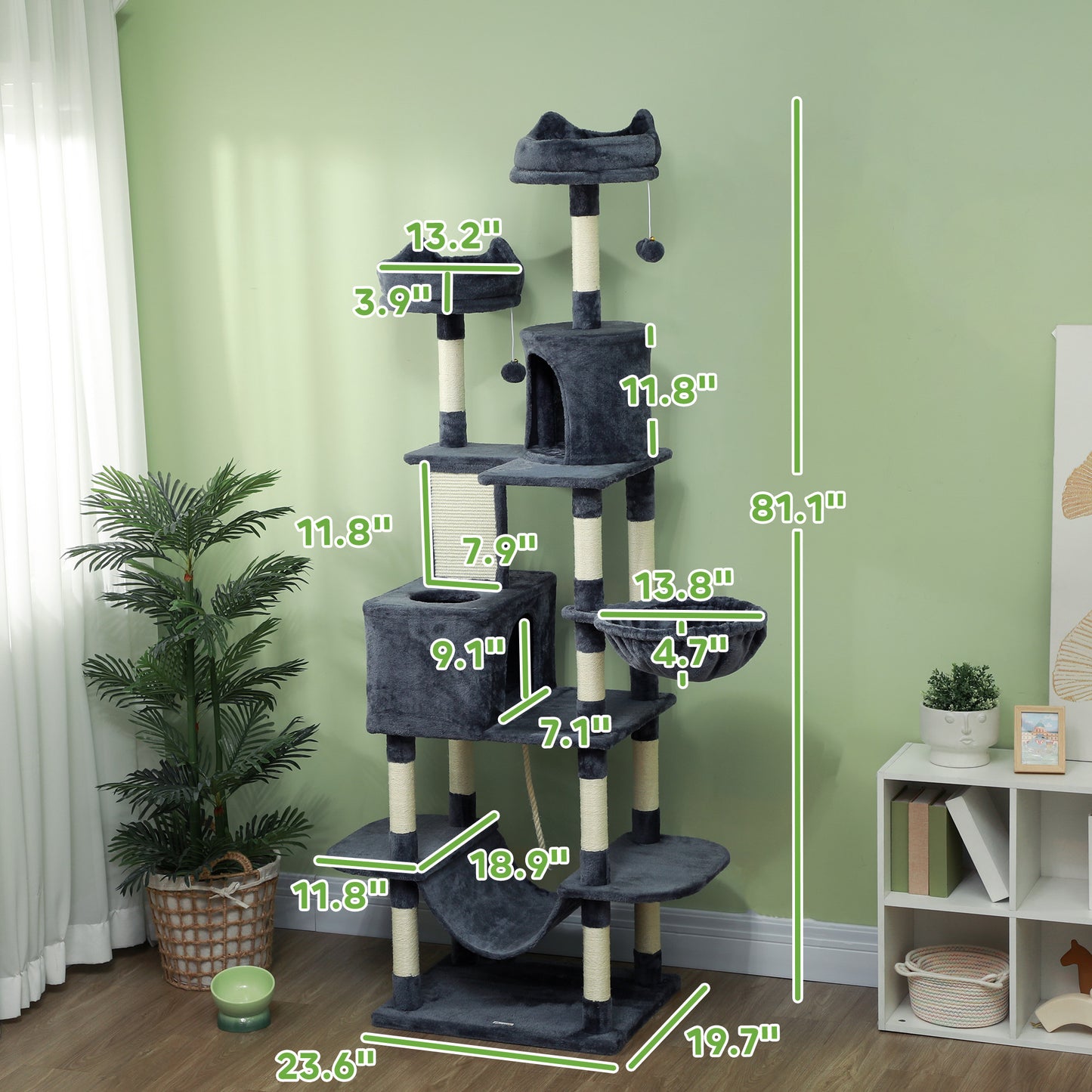 Large Cat Tree Tower with Scratch Posts, Condos, Hammocks & Toys - Gray