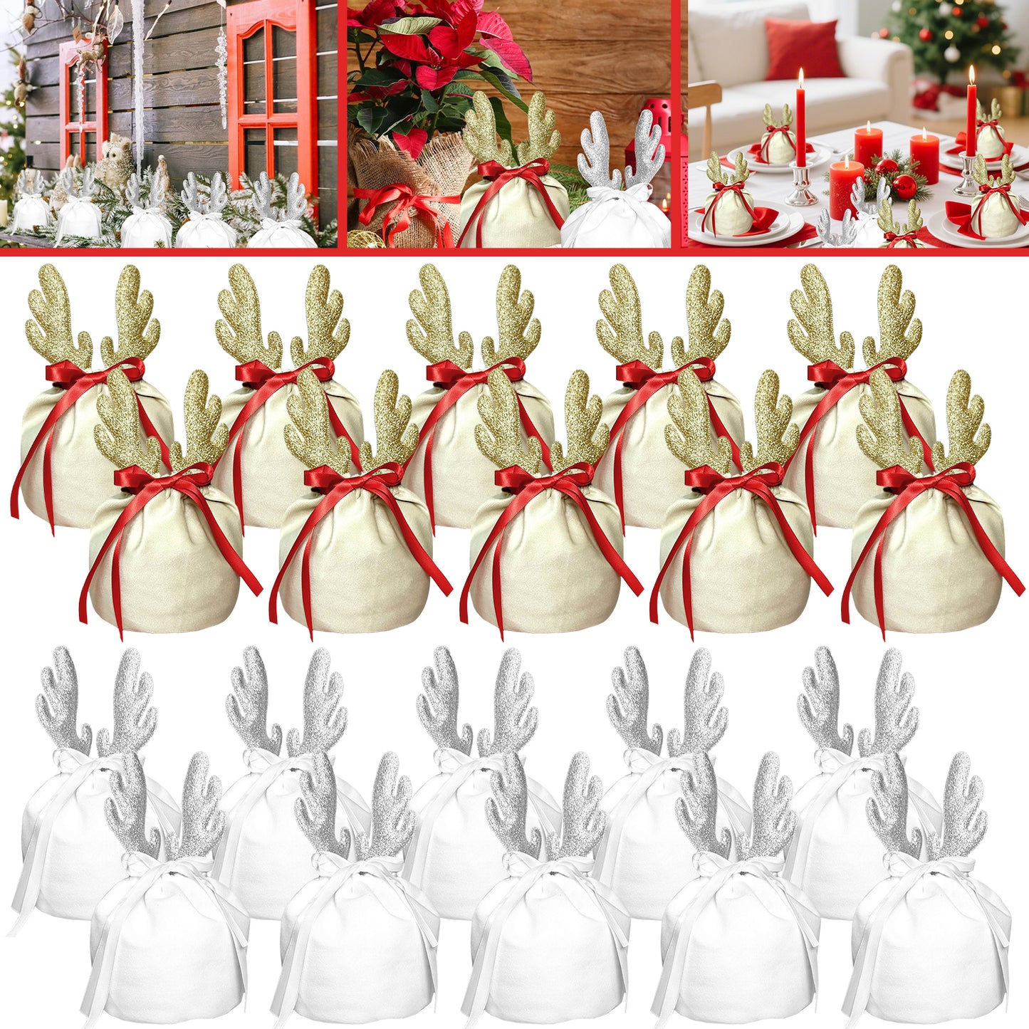 5-Piece Christmas Antler Gift Bag Set - Khaki & White