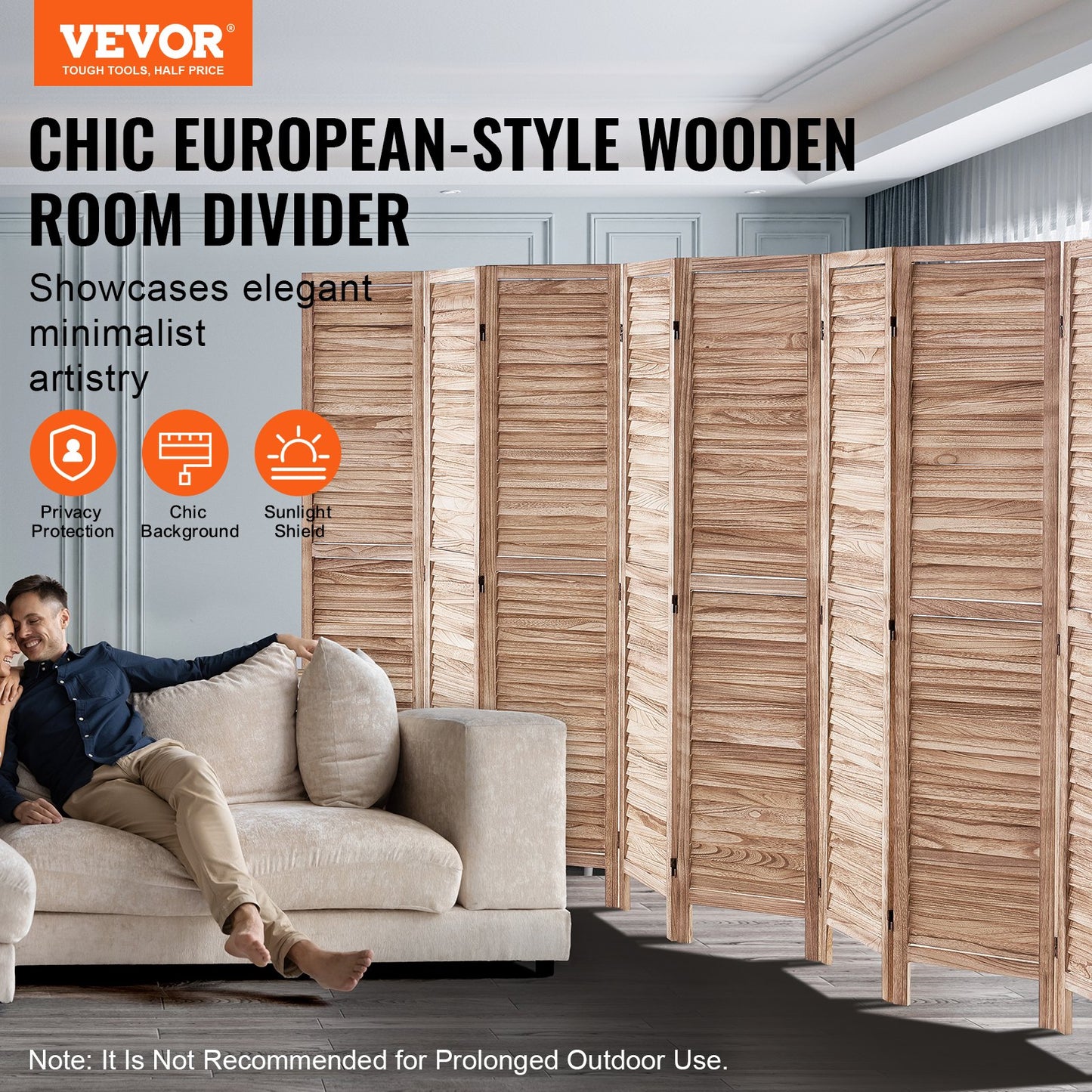8 Panel Wood Folding Room Divider - 66.9 Inch Louvered Privacy Screen