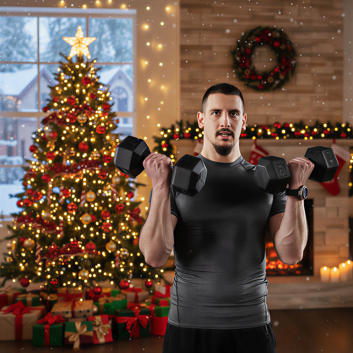 Hex Rubber Dumbbell Set - Non-Rolling Free Weights, 24 lbs