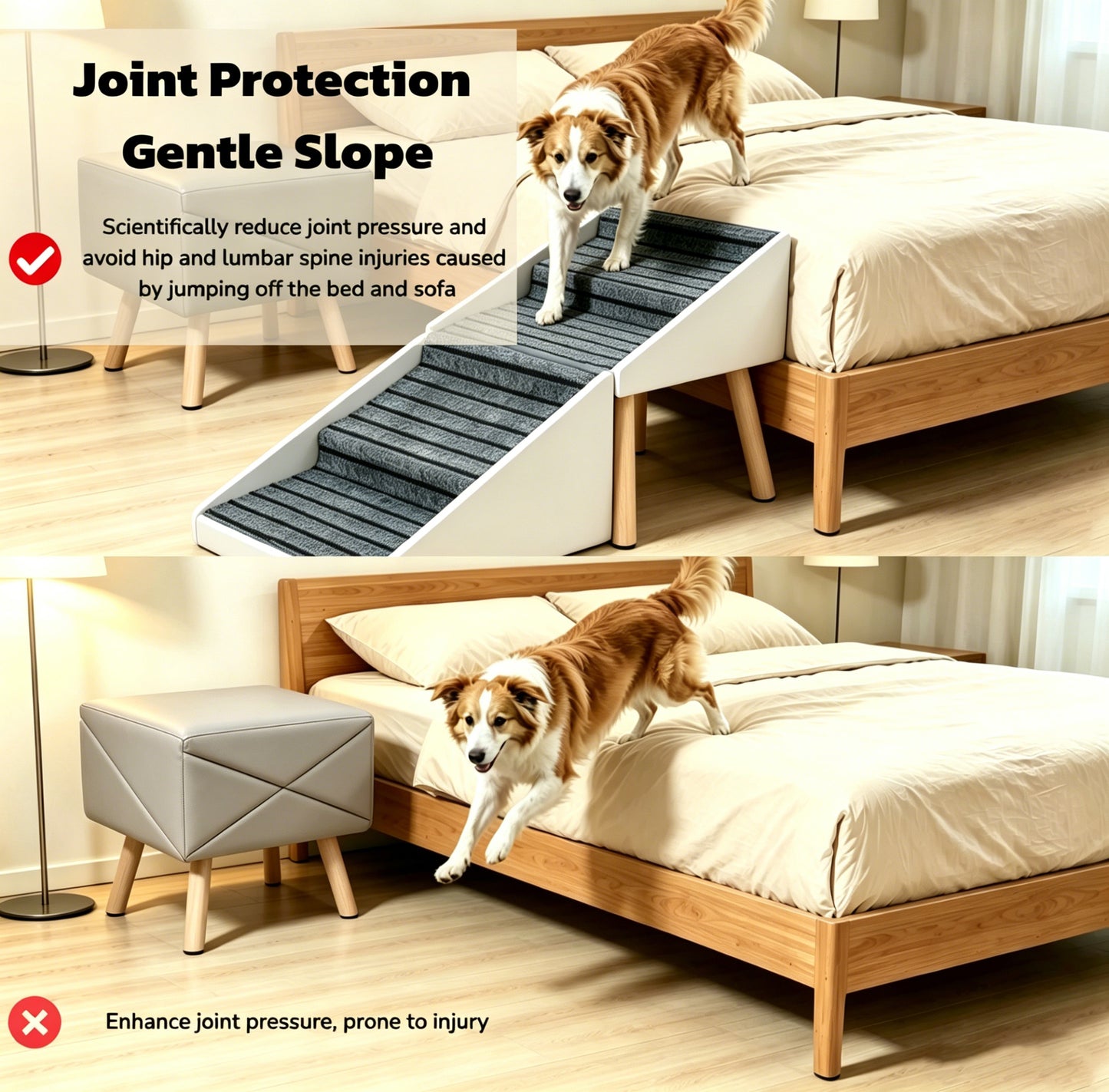 Foldable 2-in-1 Dog Stairs and Ramp for Couch and Bed - Beige, 18.89"