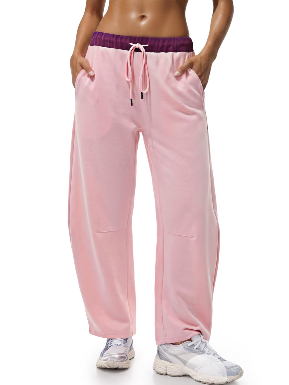 Wide Leg Sweatpants with Drawstring Waist and Pockets - Color Block