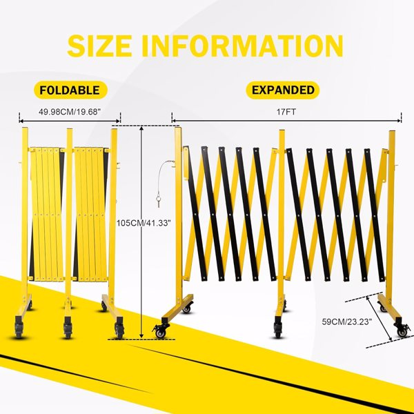 17FT Metal Expandable Traffic Barricade with Casters - Portable Security Gate for Construction & Traffic Control