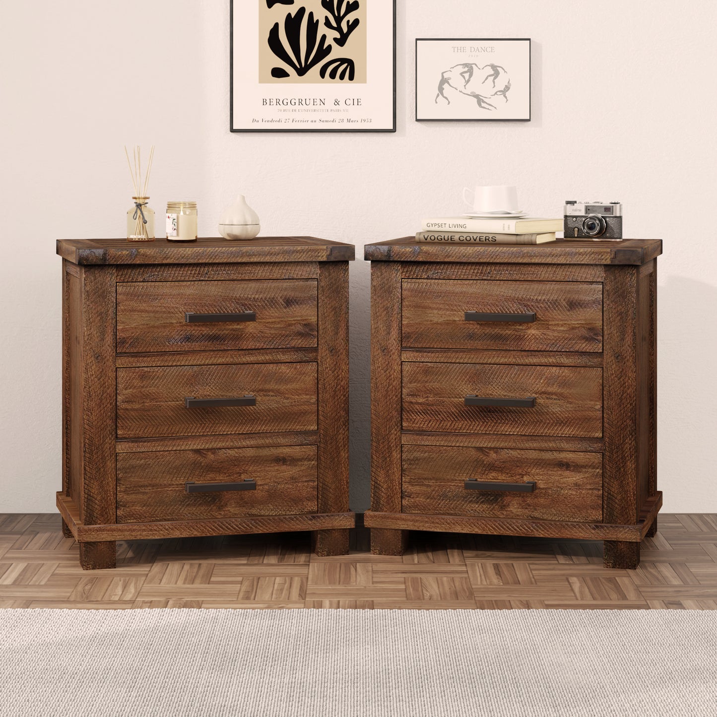 Rustic Three Drawer Reclaimed Solid Wood Farmhouse Nightstand Set Of