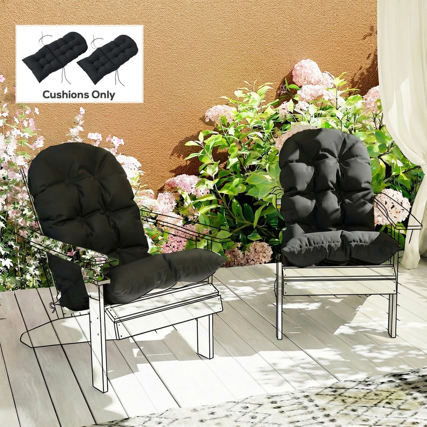 Adirondack Chair Cushions Set of 2 - Tufted Black Patio Cushions