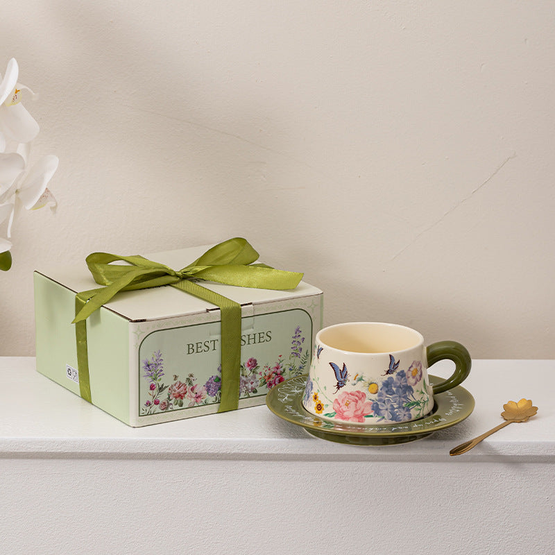 Ceramic Butterfly Coffee Cup and Saucer Gift Set - Vintage Kitchen Drinkware