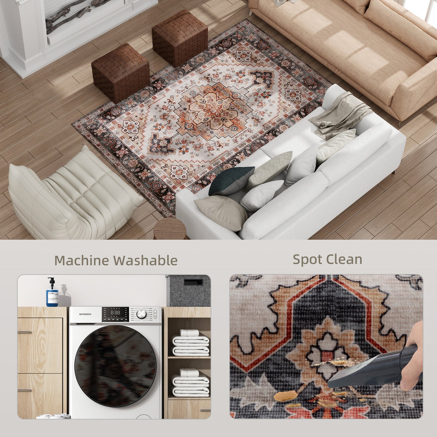 Boho Area Rug 4x6 - Machine Washable Non-Slip Design in Tawny Brown