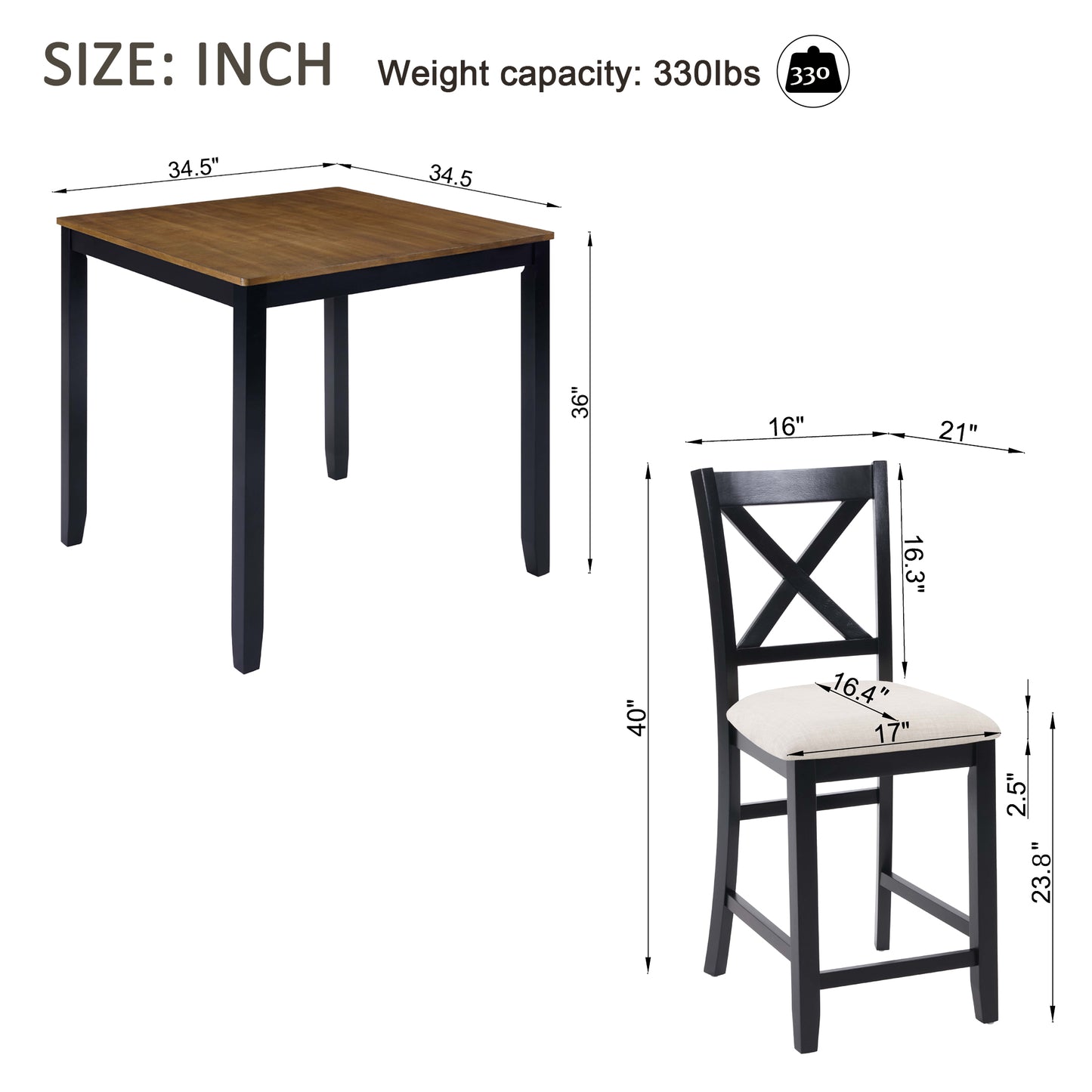 Counter Height Dining Table Set with 4 Chairs - Black & Oak