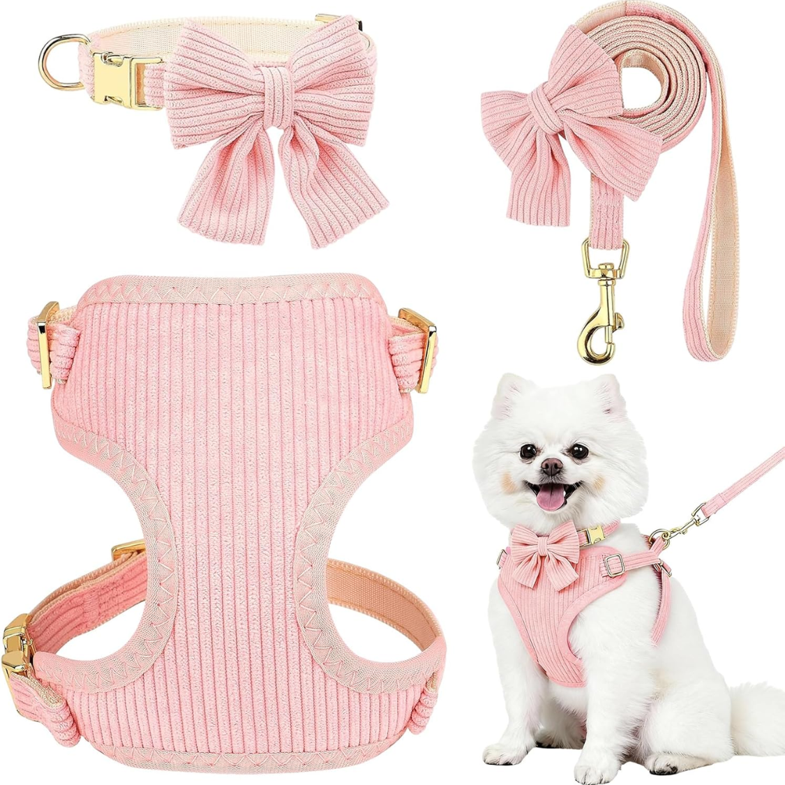 Small Dog Collar Harness and Leash Set Breathable Cotton Adjustable No Pull