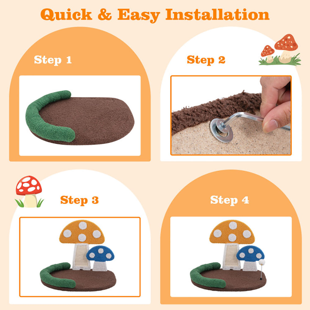 Multicolor Mushroom Cat Bed with Scratcher and Swinging Toy - Cozy Cat Tree