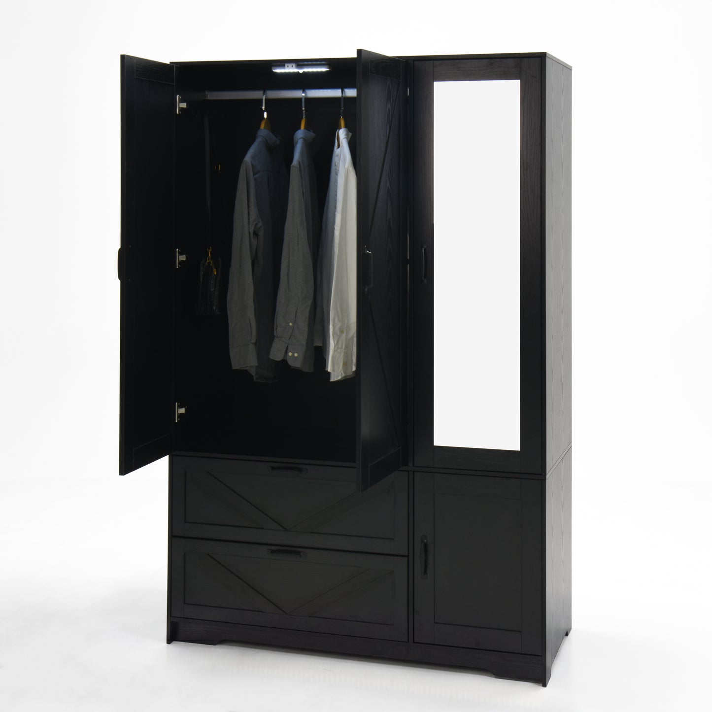Black 4-Door Wardrobe Closet with Mirror & LED Lighting
