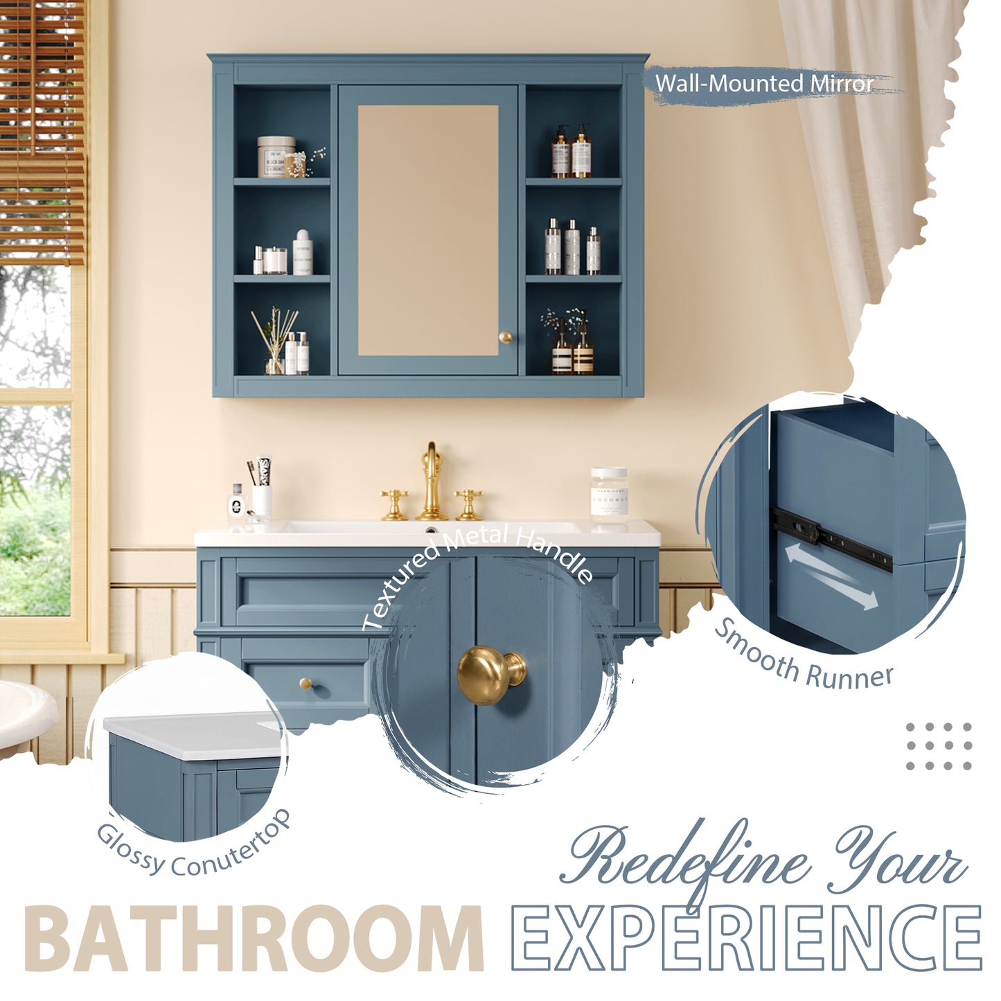 36'' Indigo Blue Bathroom Vanity with Medicine Cabinet & Sink