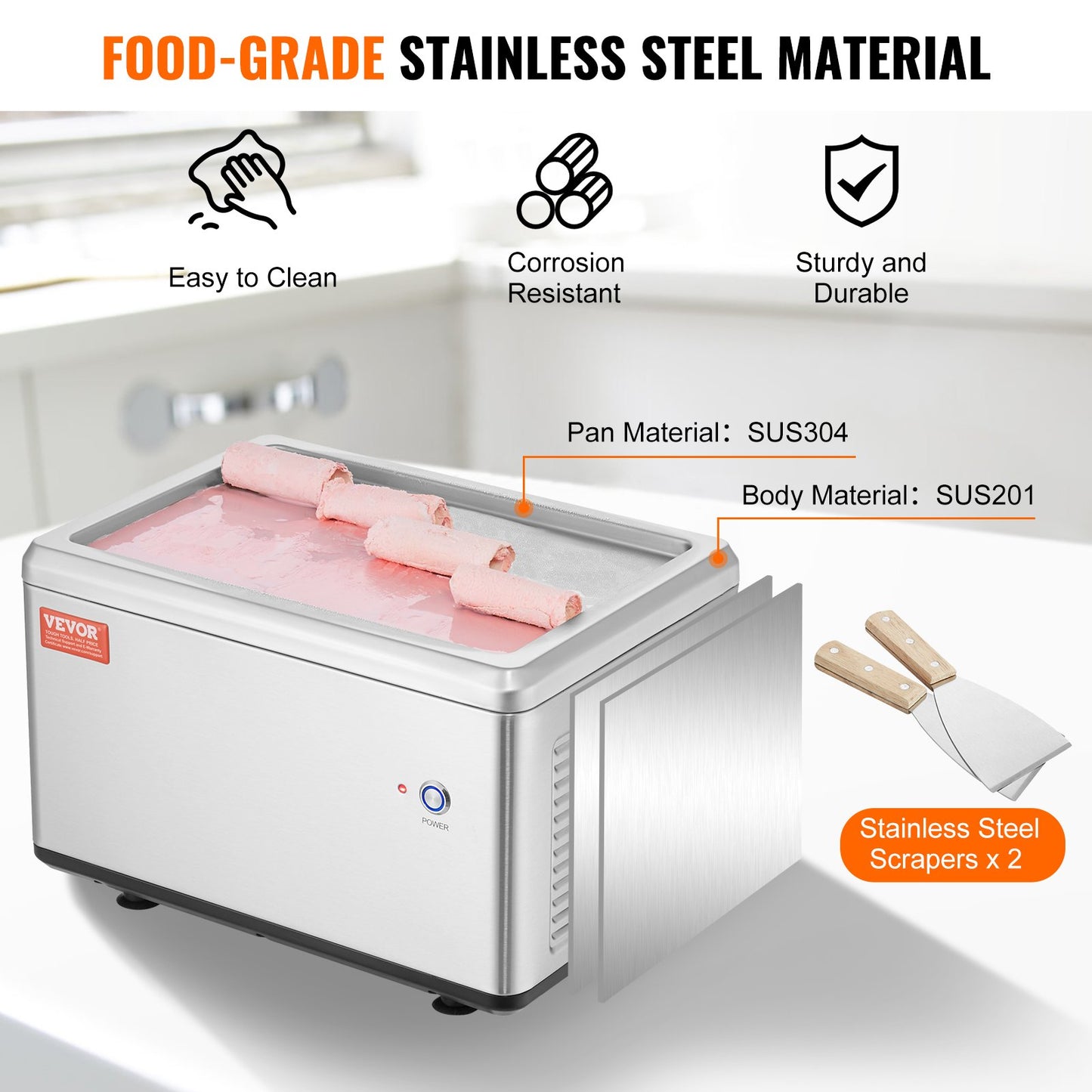Stainless Steel Fried Ice Cream Roll Machine with Compressor & 2 Scrapers - Silver 19.3 x 14.9 Inches